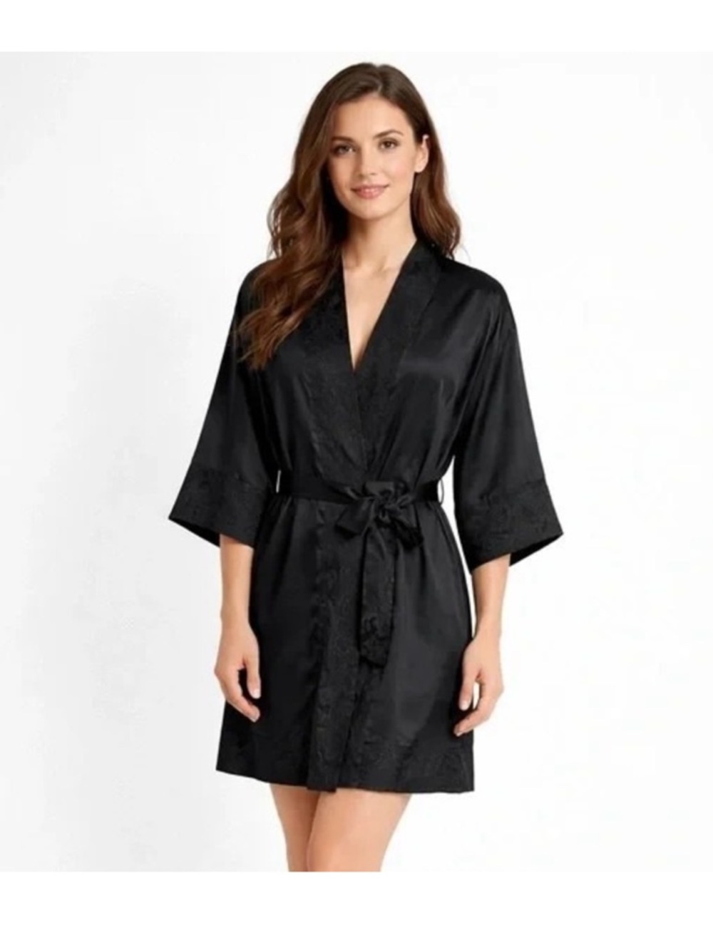 Victoria's Secret Black Satin Kimono Robe with Tie Bedroom Romance M / L
